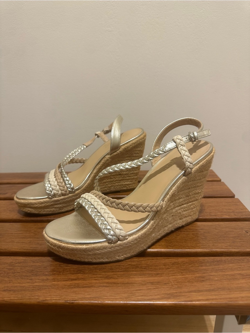Nine West Braided Metallic Silver and Beige Wedge Sandals - Picture 3 of 8